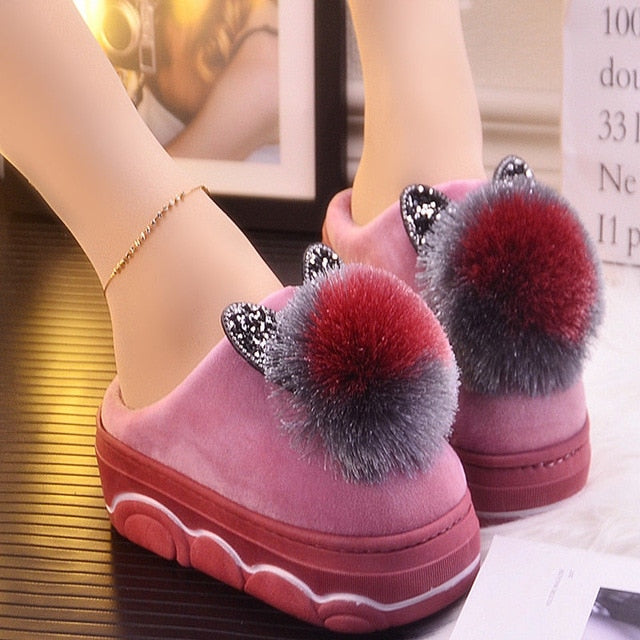 Platform ladies sexy slippers rhinestone warm slippers for women indoor house slippers cat bear girls winter shoes 2019