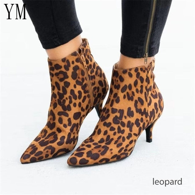 Hot Women's Ankle Boots Snake Leopard Pointed Toe Ladies Chunky Thin High heel Side zipper Female Shoes Woman Footwear Plus35-43