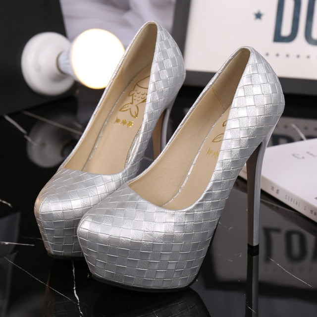 pumps women shoes black Woven lattice platform high heels shoes woman high heel pu leather shoes women