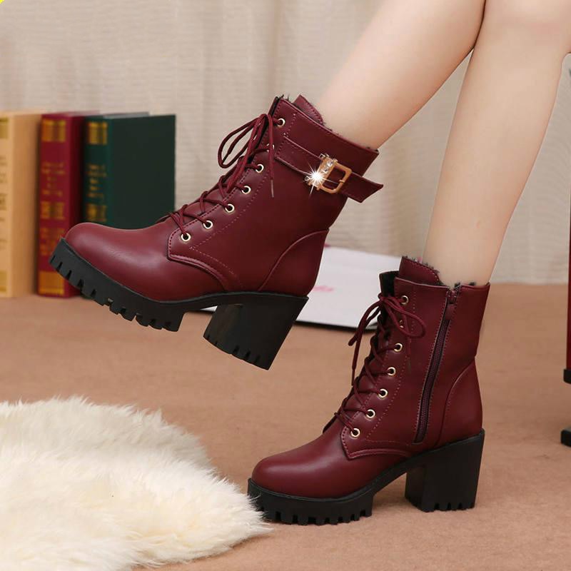 LZJ HOT Autumn Fashion Women Boots High Heels Platform Buckle Lace Up Zip PU Leather Short Booties Black Ladies Shoes Platform