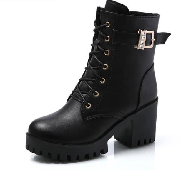 LZJ HOT Autumn Fashion Women Boots High Heels Platform Buckle Lace Up Zip PU Leather Short Booties Black Ladies Shoes Platform