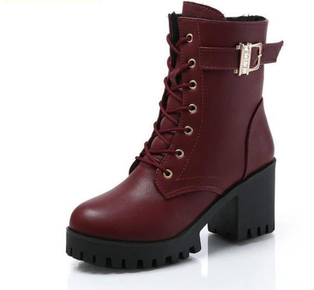 LZJ HOT Autumn Fashion Women Boots High Heels Platform Buckle Lace Up Zip PU Leather Short Booties Black Ladies Shoes Platform
