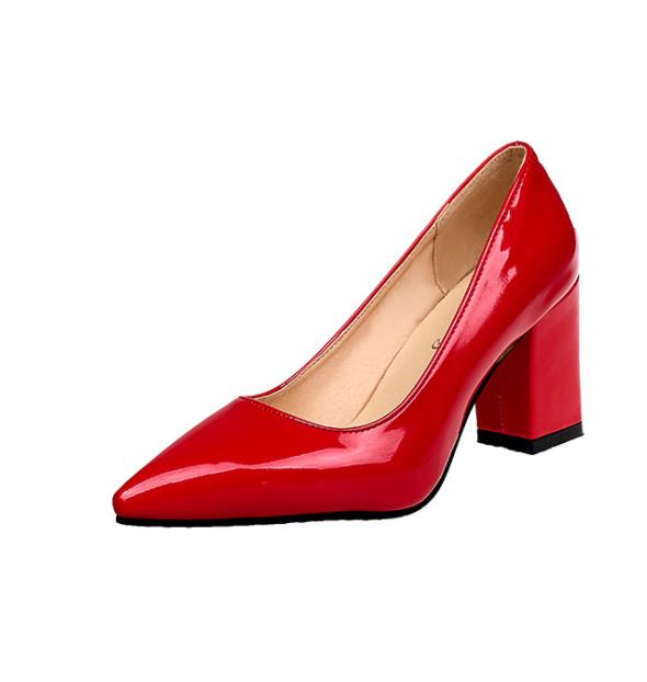 2020 Women Pumps Black High heels Lady Patent leather Thick Single pointed Shoes