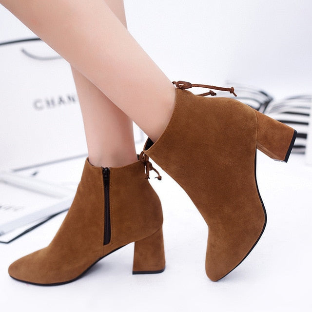 Women Ankle Boots 2020 Black Flock Winter Fashion Med High Heel Boots for Ladies Pointed Toe Plus Size Women Shoes