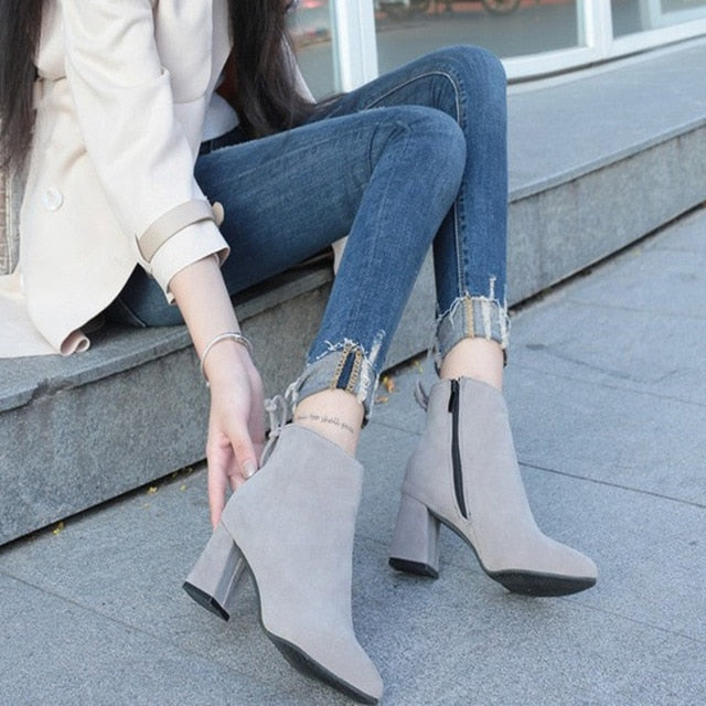 Women Ankle Boots 2020 Black Flock Winter Fashion Med High Heel Boots for Ladies Pointed Toe Plus Size Women Shoes
