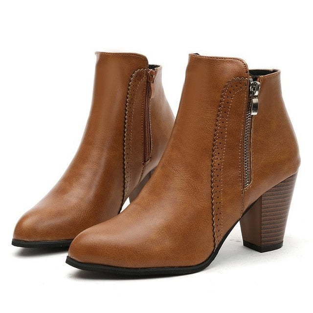 Return Women Ankle Boots Fashion PU leather Boots High heel 8cm Ladies shoes Side Zipper Short Boots for Women Shoes