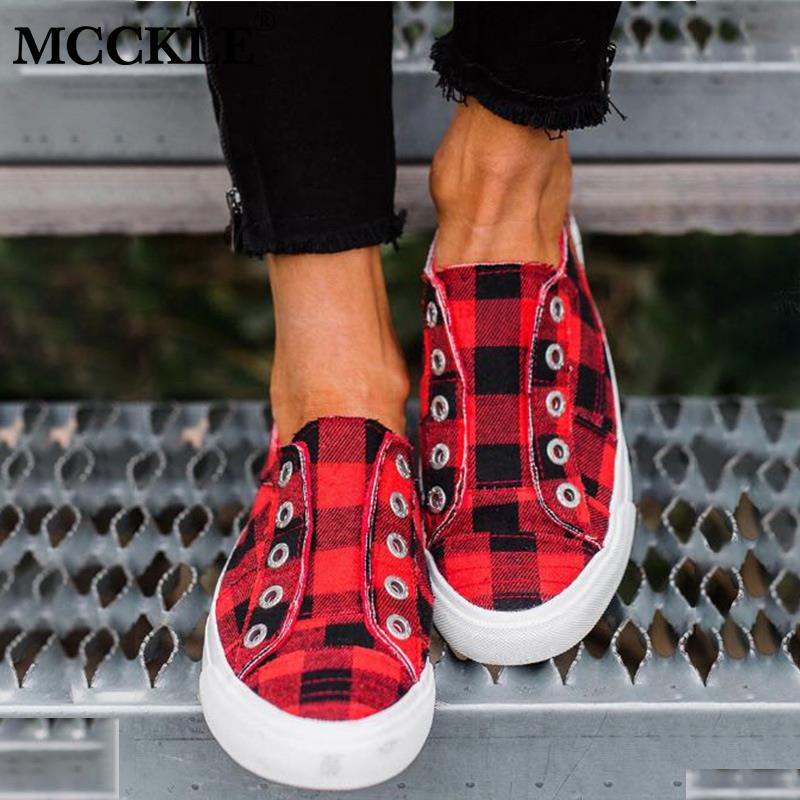 MCCKLE 2020 Spring Women's Vulcanized Shoes Women Sneakers Casual Comfort Flats Plaid Woman Fashion Slip On Flat Platform Ladies
