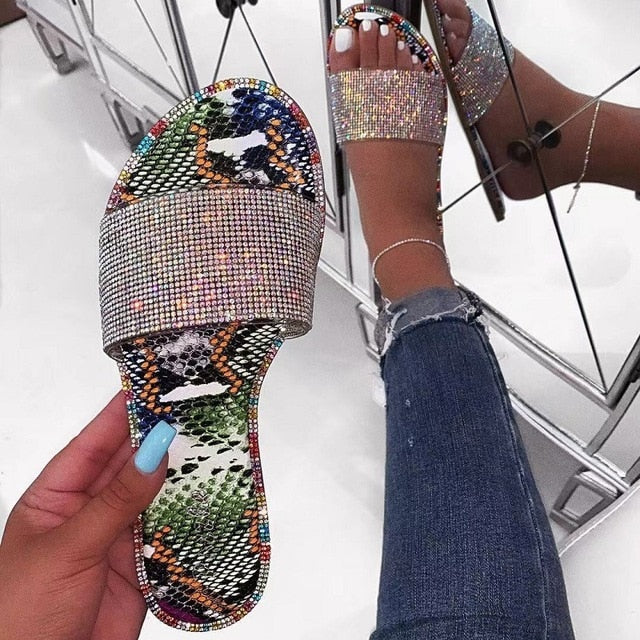 2019 fashion women sandals snake print bling rhinestone slip-on shallow flat shoes casual ladies outdoor holiday slipper bk062