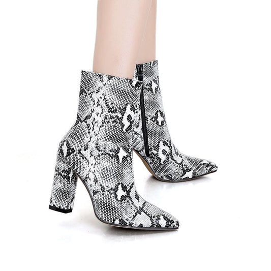 botas Womens plus size Ankle Snakeskin Boots High Block square Heels Snake Print Chunky Heel Bootie Shoes 2020