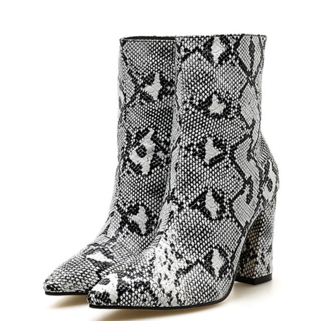 botas Womens plus size Ankle Snakeskin Boots High Block square Heels Snake Print Chunky Heel Bootie Shoes 2020