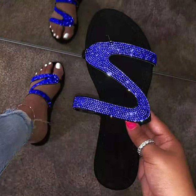 Women Summer Flat Slippers Rhinestone Shoes Open Toe Black Non-slip Slides Roman Beach Sandals ladies Sexy Flip Flops