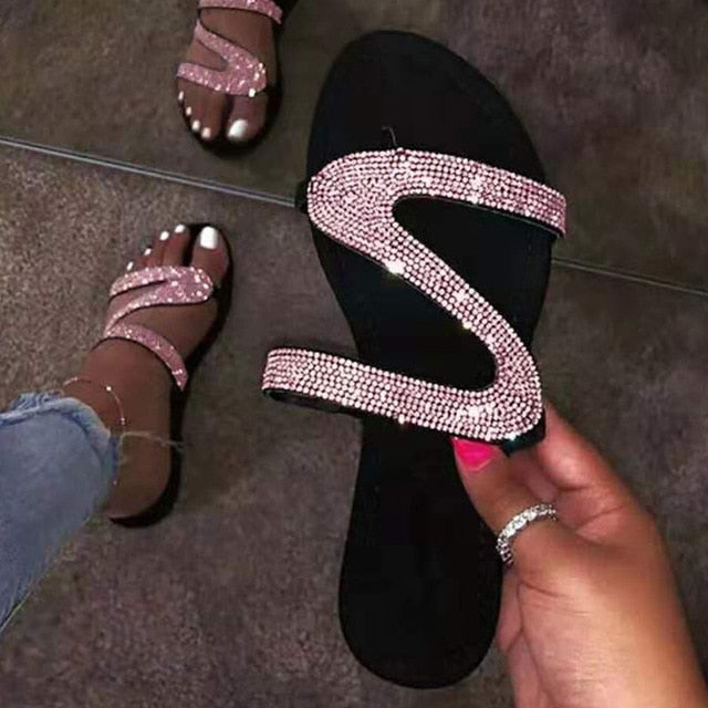 Women Summer Flat Slippers Rhinestone Shoes Open Toe Black Non-slip Slides Roman Beach Sandals ladies Sexy Flip Flops