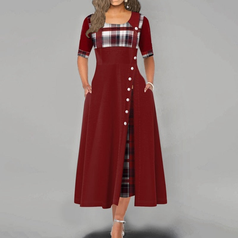 Women Maxi Dress Casual Irregular Plaid Print Button Half Sleeve Round Neck Plus Size Elegant Party Dress Female Long Vestidos