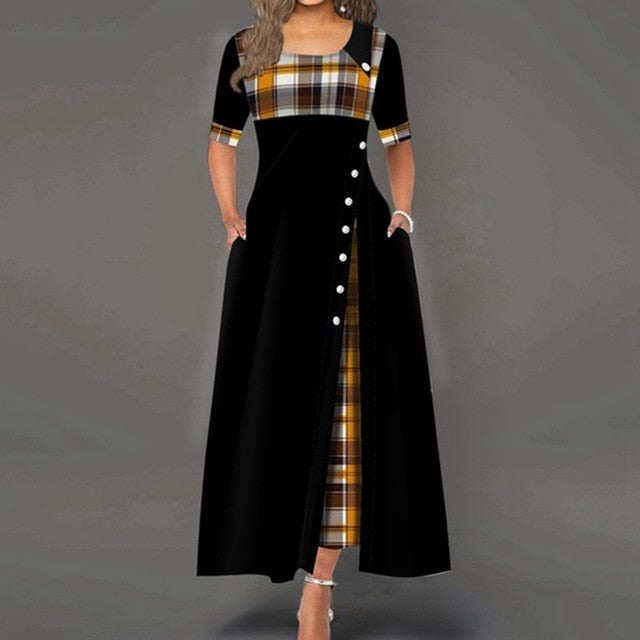 Women Maxi Dress Casual Irregular Plaid Print Button Half Sleeve Round Neck Plus Size Elegant Party Dress Female Long Vestidos