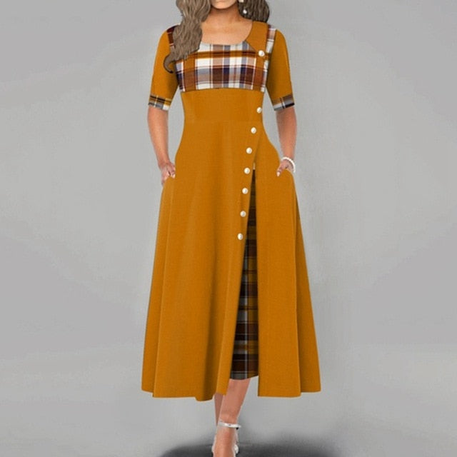 Women Maxi Dress Casual Irregular Plaid Print Button Half Sleeve Round Neck Plus Size Elegant Party Dress Female Long Vestidos