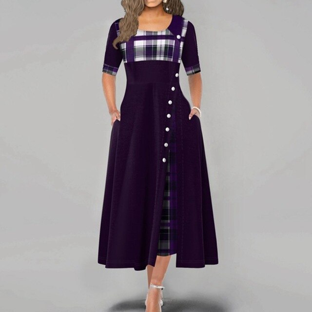 Women Maxi Dress Casual Irregular Plaid Print Button Half Sleeve Round Neck Plus Size Elegant Party Dress Female Long Vestidos