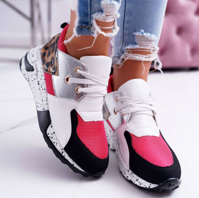 2020 New Women Casual Shoes Breathable Ladies Sneakers Leopard Print Faux Fur Sneakers Lace-up Platform Sports Shoes Women