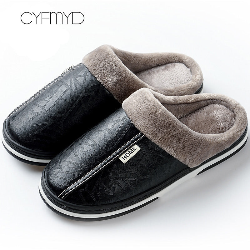 Men's slippers Home Winter Indoor Warm Shoes Thick Bottom Plush Waterproof Leather House slippers man Cotton shoes 2021 New
