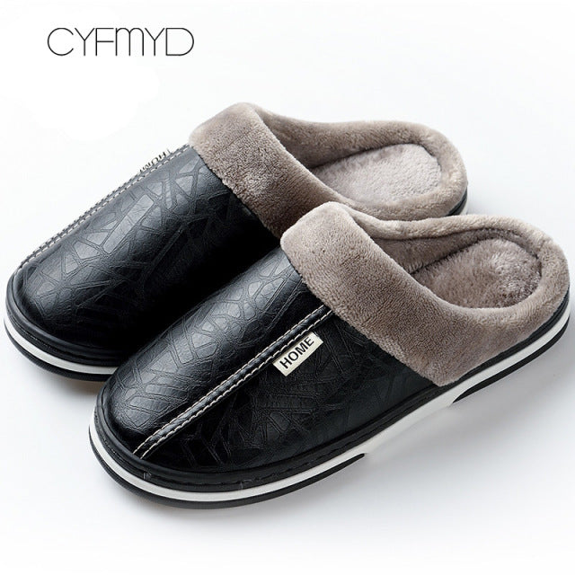 Men's slippers Home Winter Indoor Warm Shoes Thick Bottom Plush Waterproof Leather House slippers man Cotton shoes 2021 New