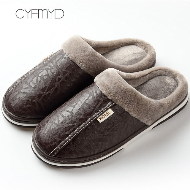 Men's slippers Home Winter Indoor Warm Shoes Thick Bottom Plush Waterproof Leather House slippers man Cotton shoes 2021 New