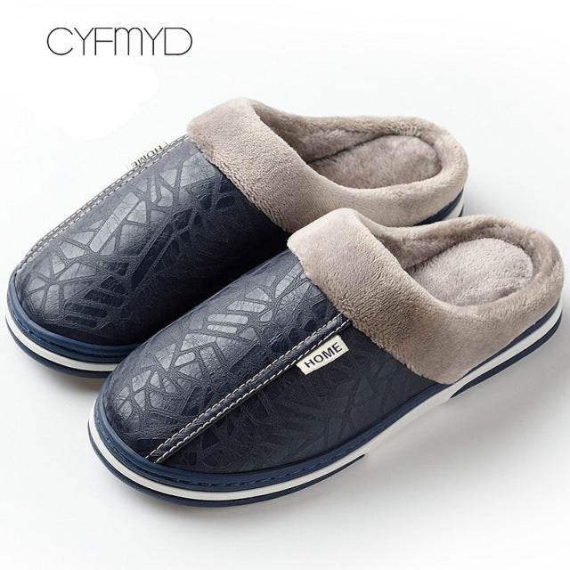 Men's slippers Home Winter Indoor Warm Shoes Thick Bottom Plush Waterproof Leather House slippers man Cotton shoes 2021 New