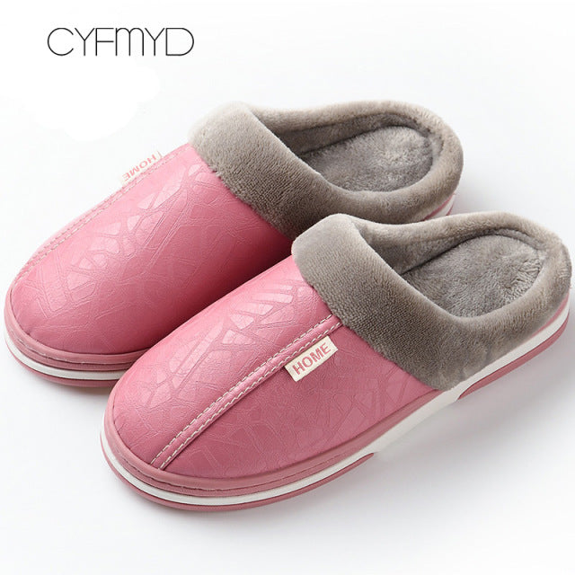 Men's slippers Home Winter Indoor Warm Shoes Thick Bottom Plush Waterproof Leather House slippers man Cotton shoes 2021 New