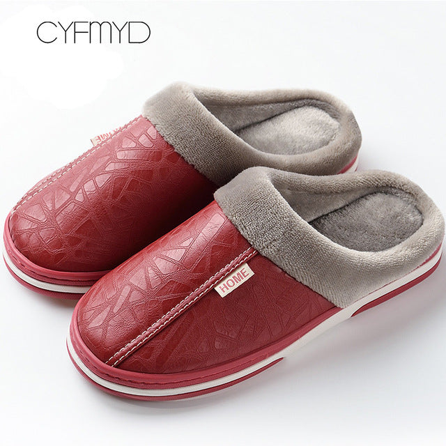 Men's slippers Home Winter Indoor Warm Shoes Thick Bottom Plush Waterproof Leather House slippers man Cotton shoes 2021 New