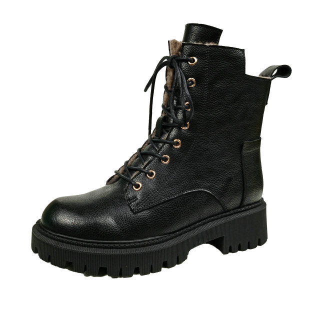 QUTAA Women Ankle Boots Wool Fur Platform Fashion Warm Mid Heel Motorcycle Boots Genuine Leather Women Shoes Winter Lace Up 43