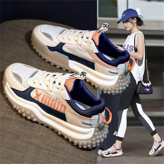 Fashion PU Leather + Mesh Breathable Women Casual Shoes Ladies Platform Sneakers Non-slip GYM Shoes Lace Up Sports Trainers