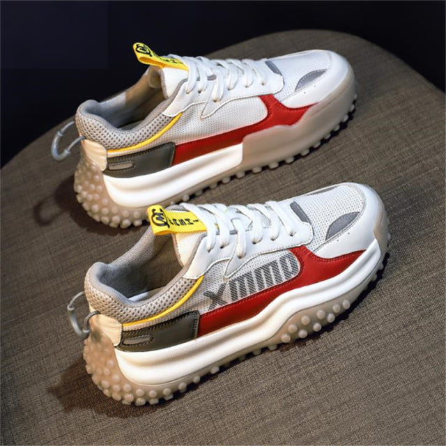 Fashion PU Leather + Mesh Breathable Women Casual Shoes Ladies Platform Sneakers Non-slip GYM Shoes Lace Up Sports Trainers