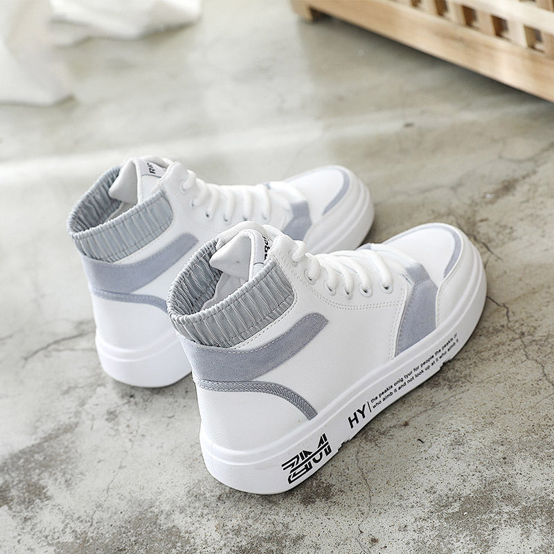 2022 High top casual shoes women autumn flat bottom leather all-match women's white shoes women's shoes leather sneakers