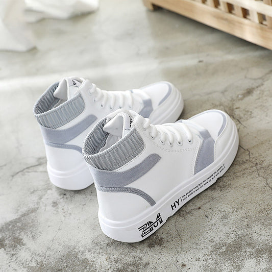 2022 High top casual shoes women autumn flat bottom leather all-match women's white shoes women's shoes leather sneakers