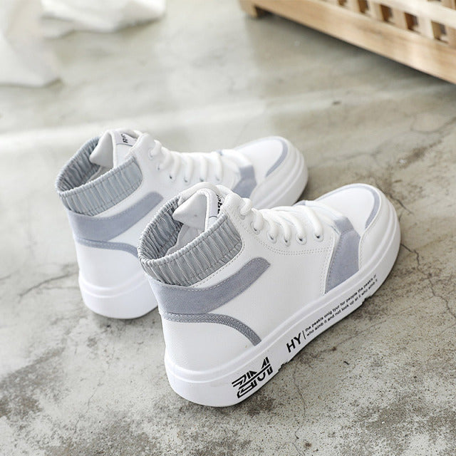 2022 High top casual shoes women autumn flat bottom leather all-match women's white shoes women's shoes leather sneakers