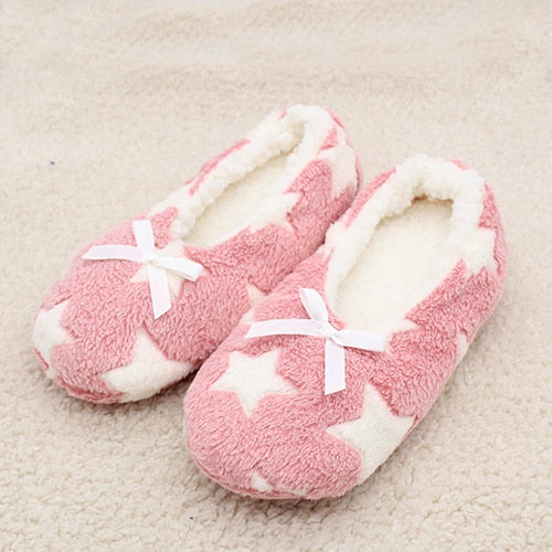 Winter Women Star Flock Soft Plush Slipper Winter Shoes Woman Butterfly-Knot Indoor Floor Shoes Women Slipper Shoes Pink Navy