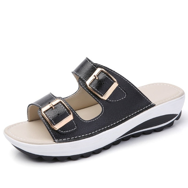 Plardin Women Buckle Sandals New Thick Leather Shoes Woman Platform  Summer Women Bright Open Toe Beach Sandals Ladies Shoes
