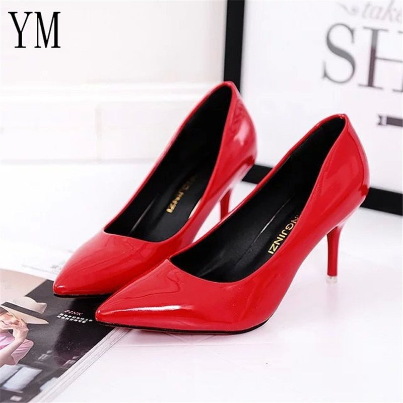Sexy Women's Autumn Leather Shoes Plus Size 35-42 Office Lady Shoes Women's  Elegant Pumps Fashion Pointed Toe Mid-Heel Dress Shoes (Color : Wine Red