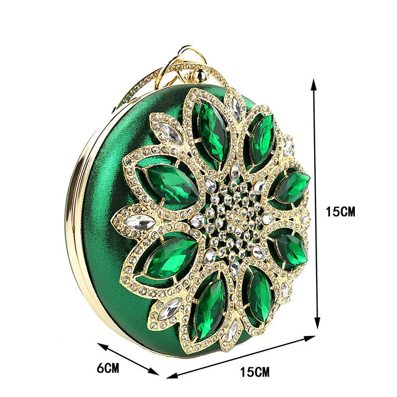 Green Clutch Bag Women Round Clutch Purse Evening Bag Crystal Wedding Purse and Handbag Exquisite Chain Shoulder Bag ZD1244