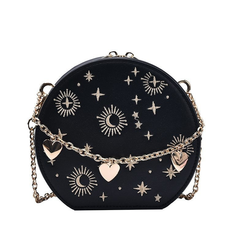 Embroidery Round Leather Design Women Luxury Purses and Handbags Crossbody Chain Bag Ladies Party Clutch Bag Totes Shoulder Bag