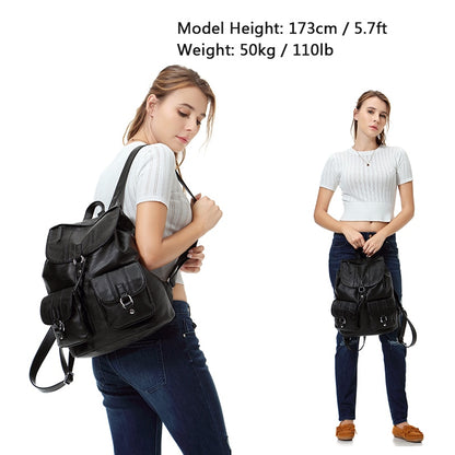 VASCHY Fashion Backpack Purse for Women Chic Drawstring School Bags with Two Front Pockets Soft Leather Backpack for College