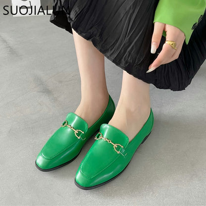 SUOJIALUN 2021 Spring Women Slip On Loafer Autumn Fashion British Metal Buckle Flat Shoes Round Toe Green Casual Ballerina