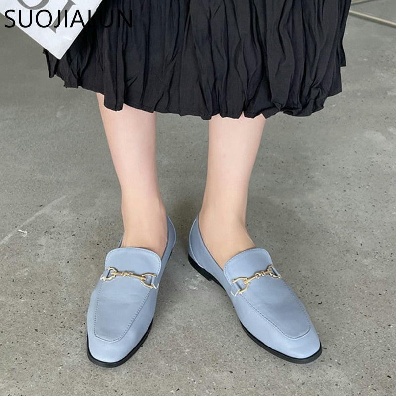 SUOJIALUN 2021 Spring Women Slip On Loafer Autumn Fashion British Metal Buckle Flat Shoes Round Toe Green Casual Ballerina