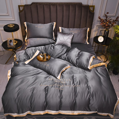 Luxury Bedding Sets Pink Grey White Rayon Embroidery Sheet Quilt Pillowcase Comfortable Soft Fluffy Bedding King Queen 4pcs