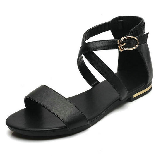 2022 Genuine Leather Women Sandals Summer Sweet Women Flats Heel Sandals Ladies Shoes Black big size 12 13 14 15