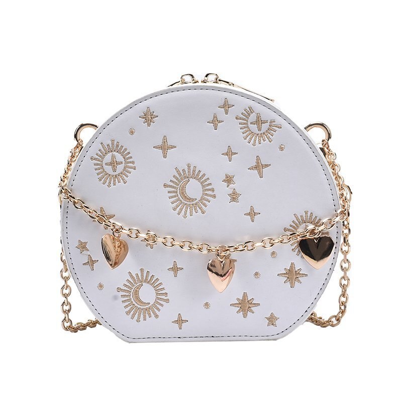 Embroidery Round Leather Design Women Luxury Purses and Handbags Crossbody Chain Bag Ladies Party Clutch Bag Totes Shoulder Bag