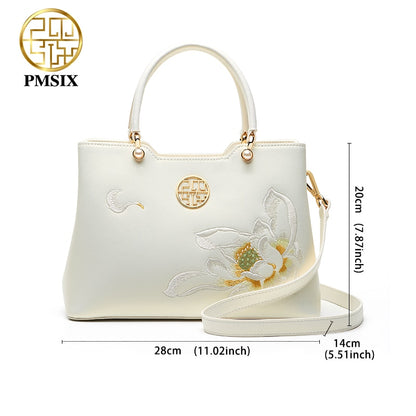 PMSIX luxury White Leather Handbags For Women  Elegant Embroidered Ladies&#39; Designer Shoulder Bag  Simple Messenger Bags 2021