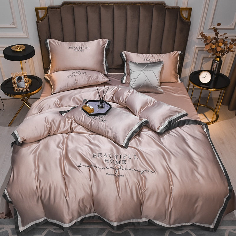 Luxury Bedding Sets Pink Grey White Rayon Embroidery Sheet Quilt Pillowcase Comfortable Soft Fluffy Bedding King Queen 4pcs