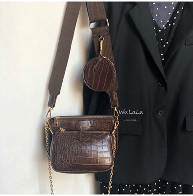3 pcs set Designer Women Shoulder Bags PU Leather Purse and Handbags alligator Female Crossbody Bag wide strap messenger bag
