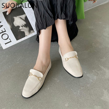 SUOJIALUN 2021 Spring Women Slip On Loafer Autumn Fashion British Metal Buckle Flat Shoes Round Toe Green Casual Ballerina