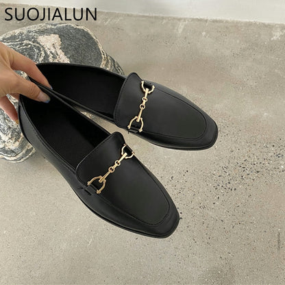 SUOJIALUN 2021 Spring Women Slip On Loafer Autumn Fashion British Metal Buckle Flat Shoes Round Toe Green Casual Ballerina