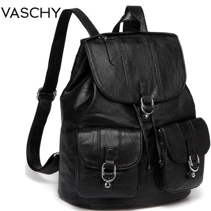 VASCHY Fashion Backpack Purse for Women Chic Drawstring School Bags with Two Front Pockets Soft Leather Backpack for College
